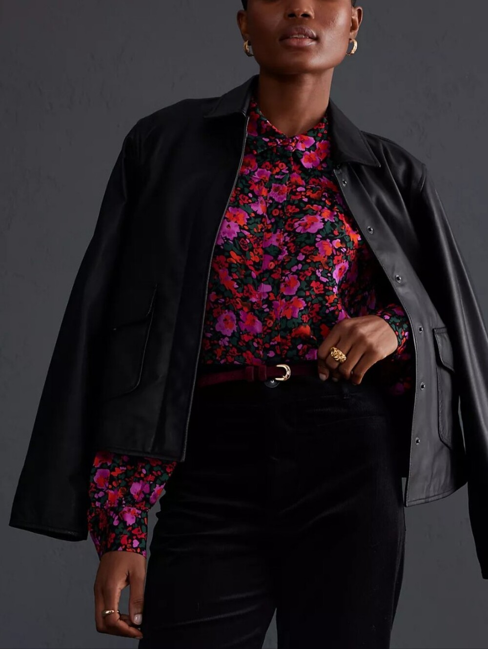 NWT For Love & Lemons | Lola Floral Silky Button Up Blouse Black Pink Size XS